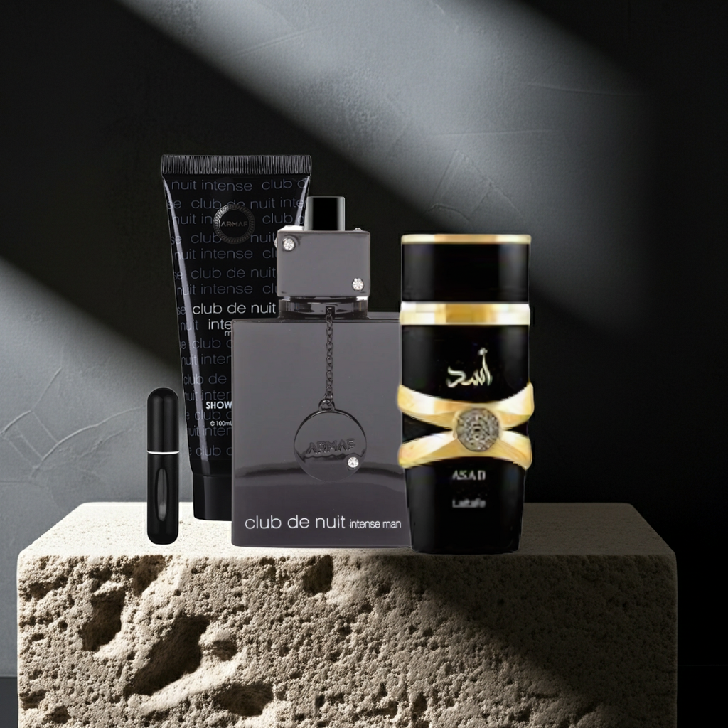 Set Gel de Ducha Intense + Club De Nuit Intense + Asad Lattafa + Perfumero