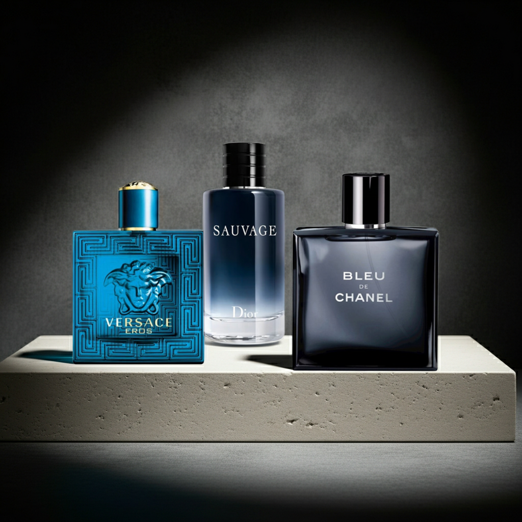 Set de 3 Perfumes Masculinos: Versace Eros + Dior Sauvage + Bleu de Chanel