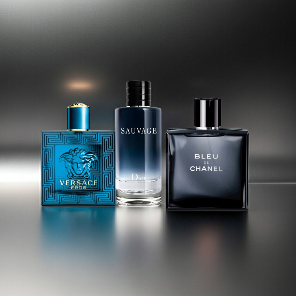Set de 3 Perfumes Masculinos: Versace Eros + Dior Sauvage + Bleu de Chanel